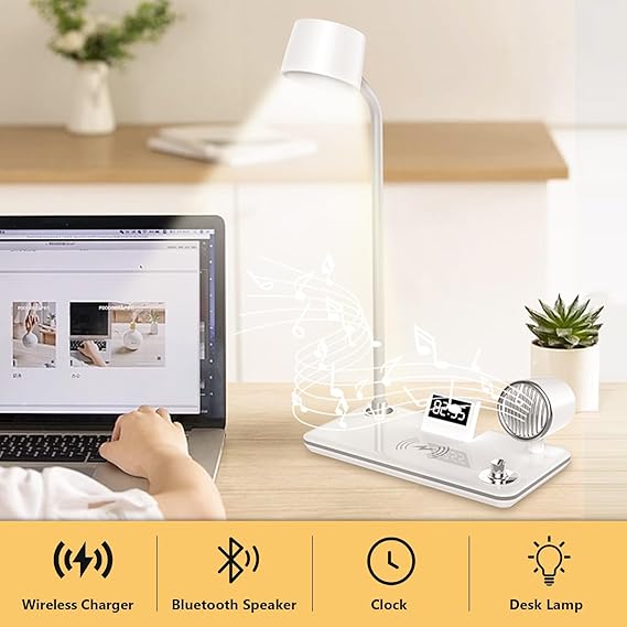 Multifunctional Desk Lamp with Clock, Wireless Charger & Adjustable Gooseneck